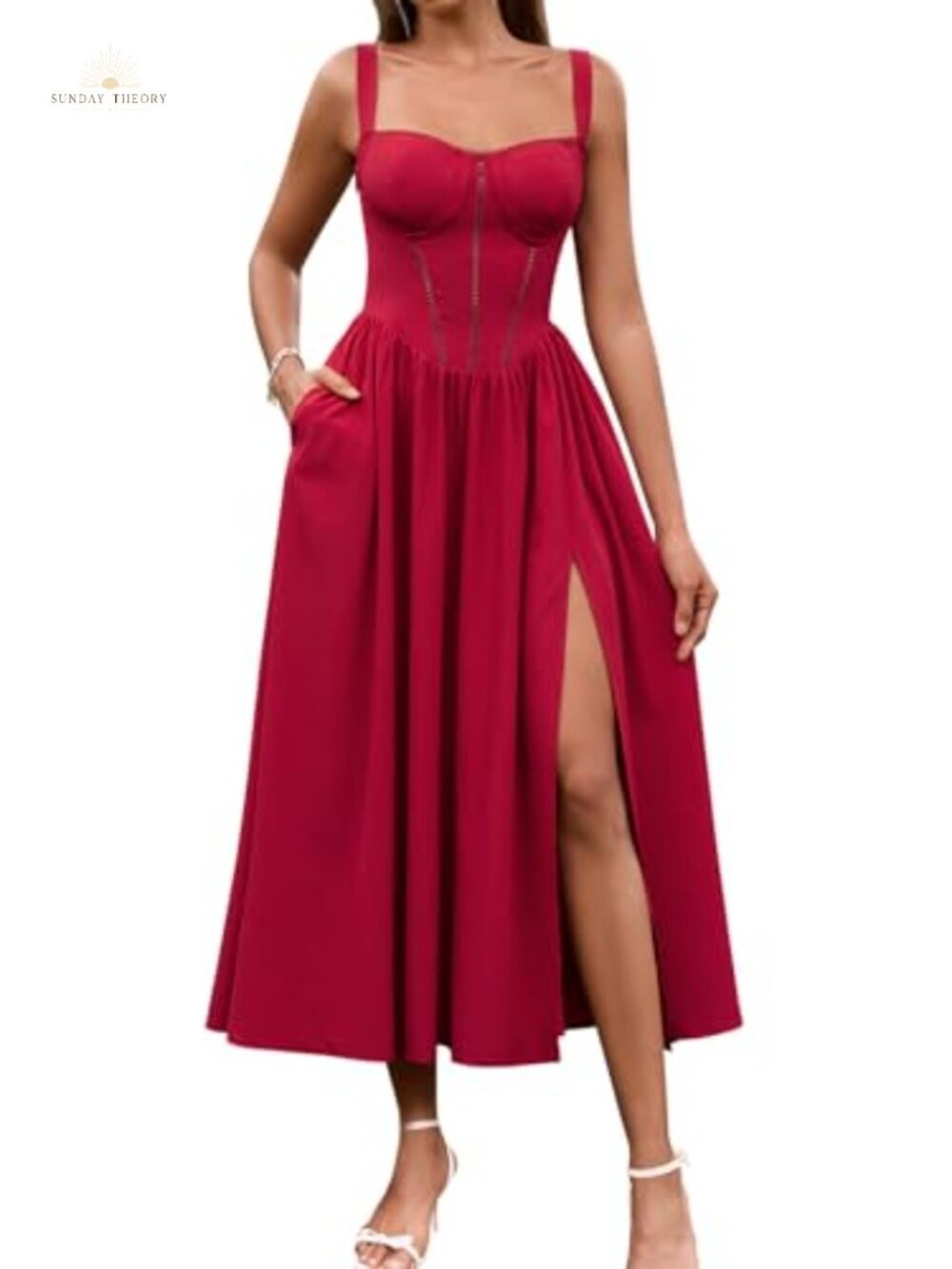 KUTUMAI Floral Corset Midi Dress Wedding Guest A-Line Sleeveless